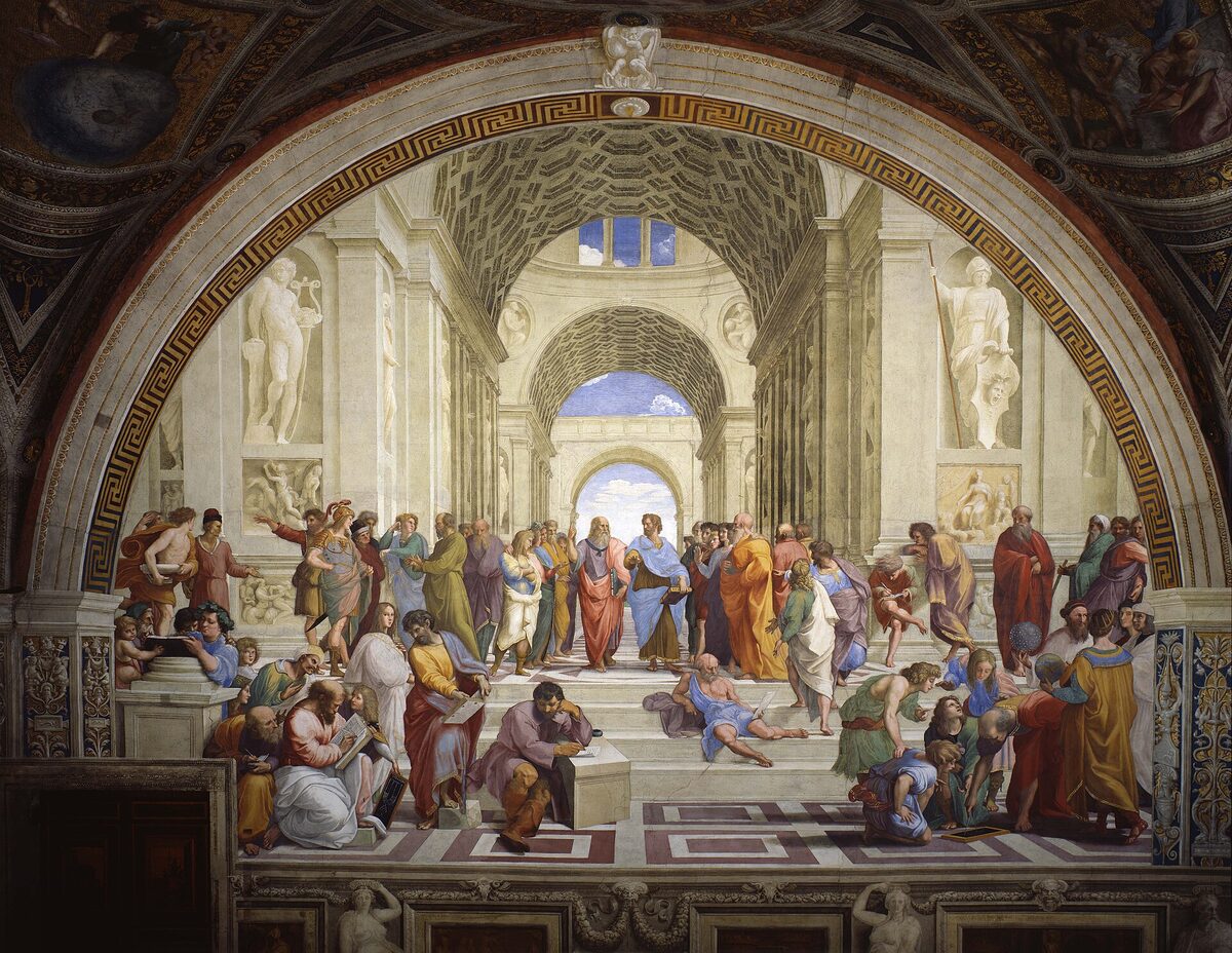 Raphael's fresco The School of Athens: classical philosophers gathered beneath vaulted arches, with Plato and Aristotle at the center.